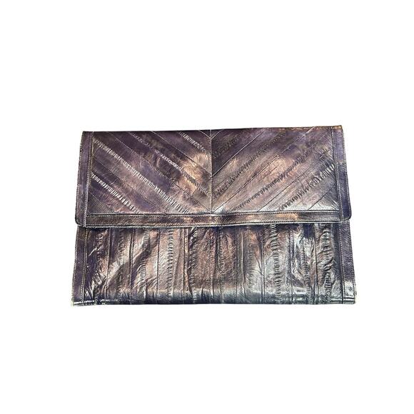 Vintage Eel Skin- Black- Fold Clutch- some wear- retro- 12x8 in inner pockets - Picture 1 of 8